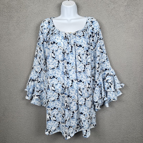 Chaps Top Women 3X Blue Floral Blouse Office Flowy Beachy Ruffle Career Coastal - Picture 1 of 14